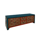 Chinese Tibetan Teal Blue Orange Floral Graphic Low TV Console Table cs7609S