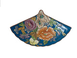 Vintage Blue Big Flowers Graphic Fan Shape Porcelain Trinket Box GB880S