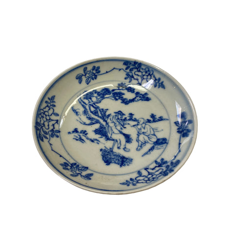 Blue White Tree Flower People Theme Porcelain Small Plate