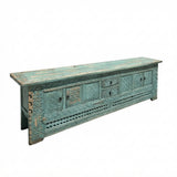Vintage Distressed Turquoise Geometric Carving Rough Low TV Table Cabinet cs6123S T