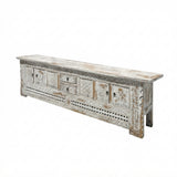 Vintage Distressed White Geometric Carving Rough Low TV Table Cabinet cs6123S W