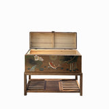 Chinese Lotus Flower Koi Fish Rectangular Wood Trunk on Stand cs7687S