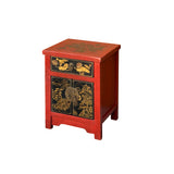 Oriental Distressed Red Black Golden Graphic Side End Table Nightstand cs7695S