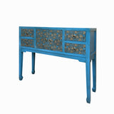 Blue Lacquer Golden Flower Graphic Drawers Slim Foyer Side Table cs7698S