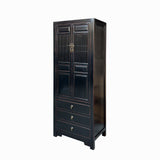 Oriental Black Narrow Wood Carving Shutter Doors Drawers Storage Cabinet cs7728S