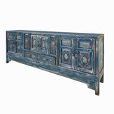 Chinese Distressed Dark Blue Vases Relief Pattern TV Console Table Cabinet cs7738S