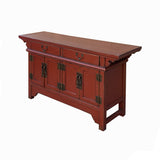 Oriental Distressed Brick Red Lacquer Low Table TV Console Cabinet cs7740S