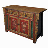Chinese Distressed Mustard Yellow Red Flower Sideboard Credenza Cabinet cs7742S