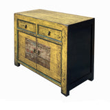 Chinese Distressed Yellow Graphic Sideboard Console Credenza Cabinet cs7751S