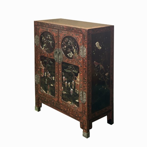 Vintage Chinoiseries Brick Red & Stone Inlay Graphic Credenza Cabinet ...