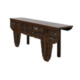 Vintage Chinese Brown Wood Open Flower RuYi Carving Apron Altar Console Table cs7802S