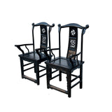 Pair Vintage Chinese Rustic Black Lacquer Deer Motif Yoke-Back Armchairs cs7807S