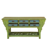 Distressed Lime Green 6 Blue Drawers Open Pedestal Sideboard Console Cabinet cs7823S