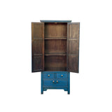 Oriental Dark Teal Blue Narrow Wood Detail Door Drawers Storage Cabinet cs7824S