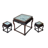 Vintage Chinese Square Marble Top 2 Stools Tea Table Set cs7828S