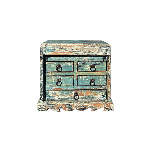 14" Distressed Faded Aqua Blue Small 5 Drawers Storage Chest Box ws4476S