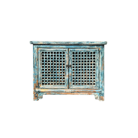 Distressed Fade Turquoise Blue Latticewook Doors Credenza Storage Cabinet ws4448S