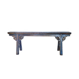 Distressed Brown Light Blue Village Slim Narrow Scroll Apron Wood Bench ws4538S