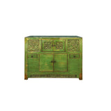 Oriental Distressed Lime Green Floral Carving Credenza Storage Cabinet ws4482S