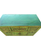 Oriental Distressed Lime Green Floral Carving Credenza Storage Cabinet ws4482S