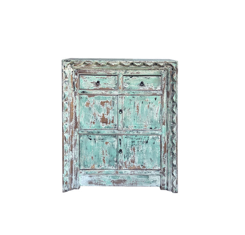 Distressed Soft Turquoise Green Geometric Edge Credenza Storage Cabinet ws4458S