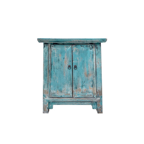 Distressed Pastel Blue Stone Top Doors Flared Legs End Table Nightstand ws4491S