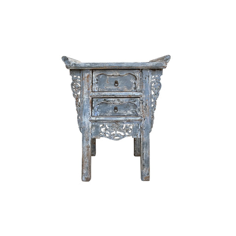 Distressed Pale Blue Grey 2 Drawers Carved Motif End Table Nightstand ws4436S