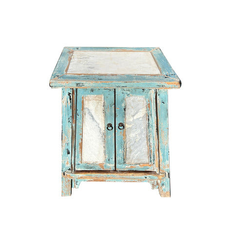 Distressed Pale Blue Stone Top Doors Slayed Legs End Table Nightstand ws4440S