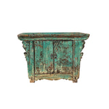 Vintage Distressed Teal Blue Green Carved Apron Low Console Table ws4468S
