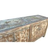 Distressed Bleached White Blue Wash Rough Wood Credenza Console Cabinet ws4340S