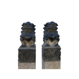 Chinese Pair Black Gray Stone Fengshui Foo Dogs Tall Slim Pole Statues cs7669S
