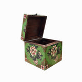 Chinese Distressed Green Lotus Flower Graphic Square Shape Box ws3495S