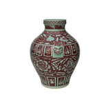 Vintage Copper Red Phoenix Flower Graphic Foo Dog Ear Ceramic Fat Pot Vase ws3521S