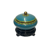 Chinese Teal Turquoise Metal Cloisonné Blossom Flower Theme Round Box ws3679S