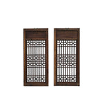 Pair Chinese Vintage Restored Wood Geometric Pattern Brown Wall Hanging Art ws3753S