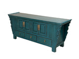 Oriental Distressed Rustic Teal Blue Low TV Console Table Cabinet ws3763S
