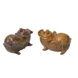 Chinese Pair Natural Wood Carved FengShui Happy Face Piggy Figures ws3794S