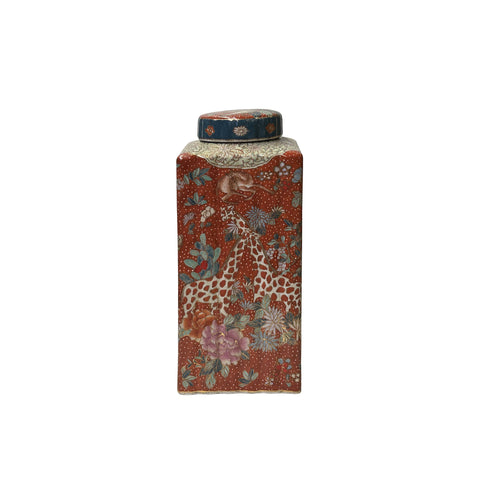 Oriental Vintage Maroon Red Animal Graphic Square Column Shape Porcelain Jar ws3854S