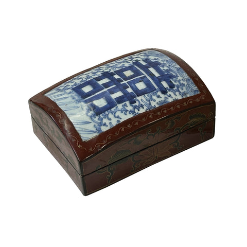 Chinese Old White Base Blue Double Happiness Porcelain Art Lacquer Box ws3883S