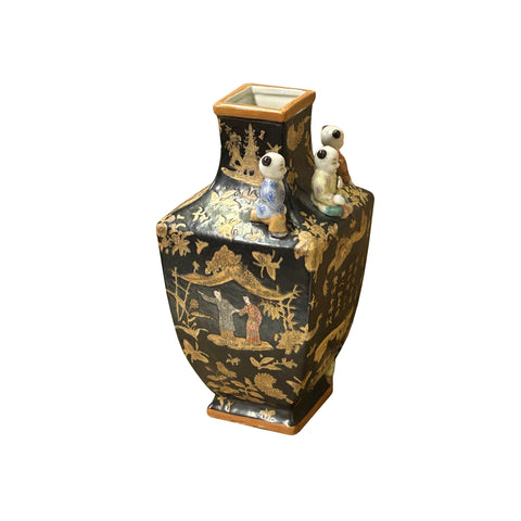 Oriental Vintage Black Copper Graphic Kids Accent Porcelain Vase ws3891S