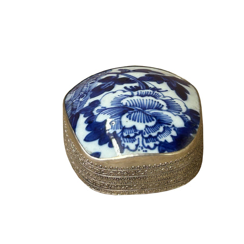 Chinese Old White Base Blue Large Flower Porcelain Art Pewter Box ws3904S Chinese Old White Base Blue Large Flower Porcelain Art Pewter Box ws3904S
