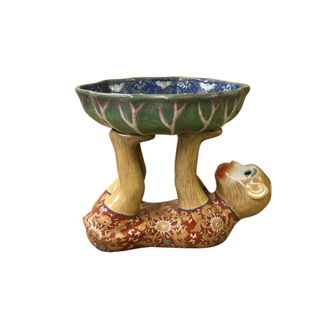 Vintage Oriental Red Base Copper Color Flower Monkey Holding Bowl Figure ws3922S Vintage Oriental Red Base Copper Color Flower Monkey Holding Bowl Figure ws3922S