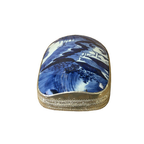 Chinese Old White Base Blue Flower Village Scenery Porcelain Art Pewter Box ws3925S Chinese Old White Base Blue Flower Village Scenery Porcelain Art Pewter Box ws3925S