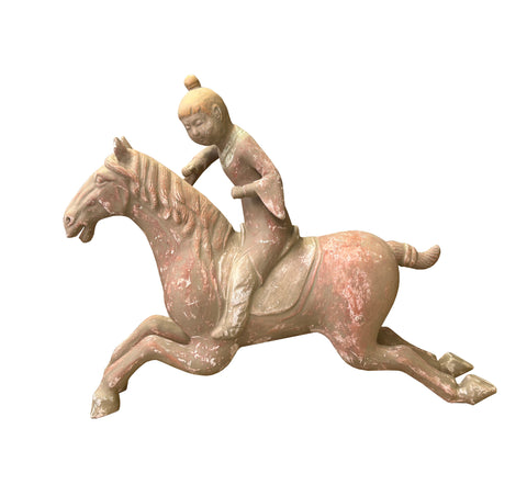 Chinese Vintage Terracotta Clay Man Riding Horse Figure Display Art ws3969S
