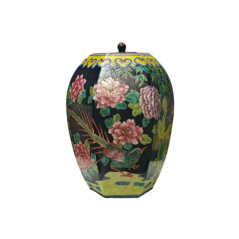 Oriental Vintage Black Base Color Flower Bird Hexagonal Porcelain Jar ws4162S
