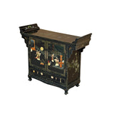 Vintage Chinoiseries Black & Stone Inlay Graphic Credenza Storage Cabinet ws4256S