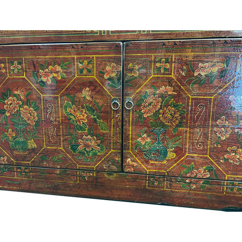 Vintage Chinese Orange Red Brown Floral Graphic Credenza Sideboard Cabinet ws4314S