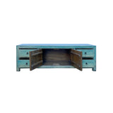 Oriental Distressed Light Turquoise Blue Low TV Media Console Cabinet ws4387S