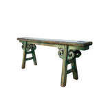 Distressed Brown Green Blue Village Slim Narrow Scroll Apron Wood Bench ws4536S
