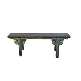 Distressed Brown Teal Blue Village Slim Narrow Scroll Apron Wood Bench ws4537S
